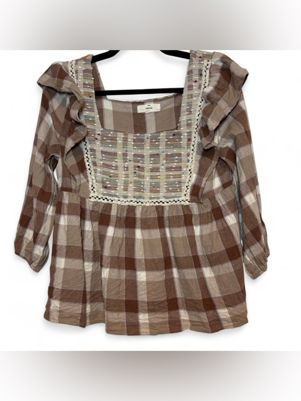 entro Brown and Cream Plaid Ruffle Peasant Top - Picture 1 of 7